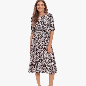 London Times Black Dress with Blush Floral Print - Midi